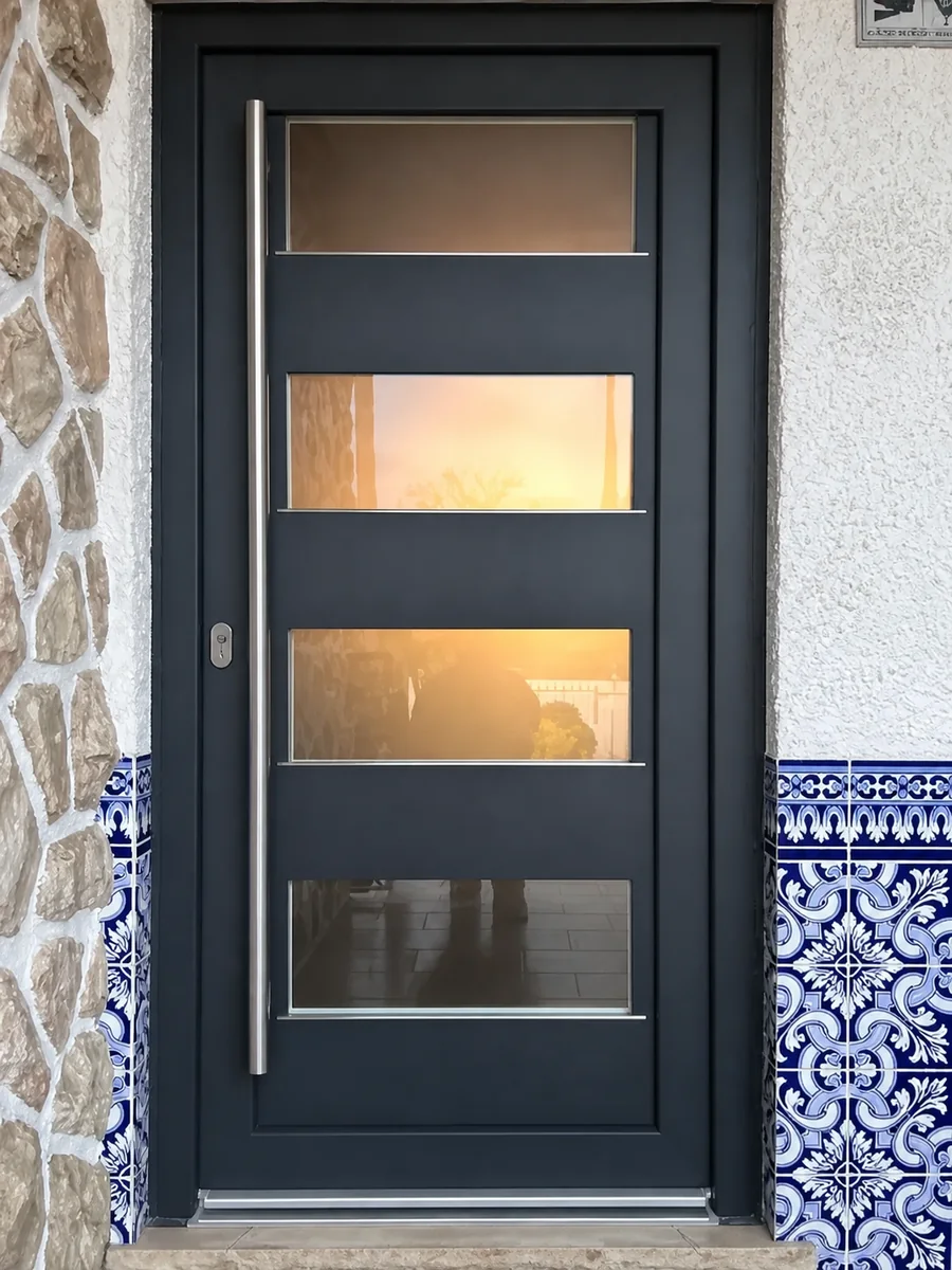 Porta de entrada em alumínio antracite com painéis de vidro instalada pela Windows Lux