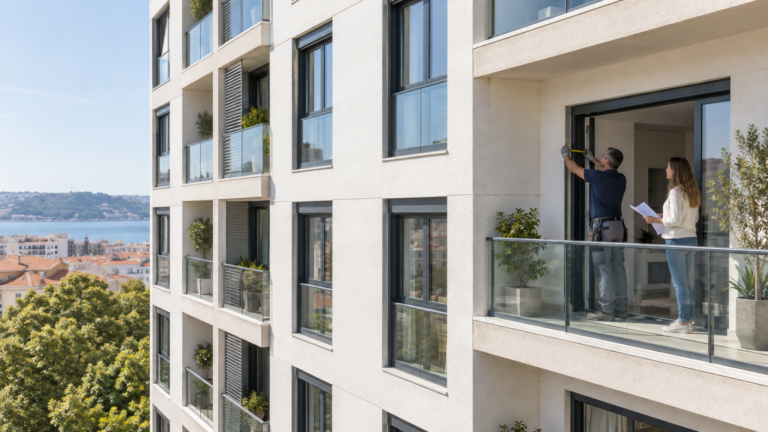 Técnico mede uma janela num apartamento com fachada de caixilharia uniforme