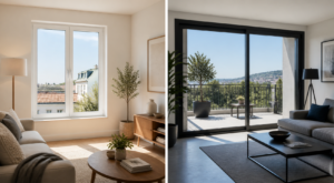 Comparação entre janela em PVC branco numa sala e janela de alumínio antracite noutra sala