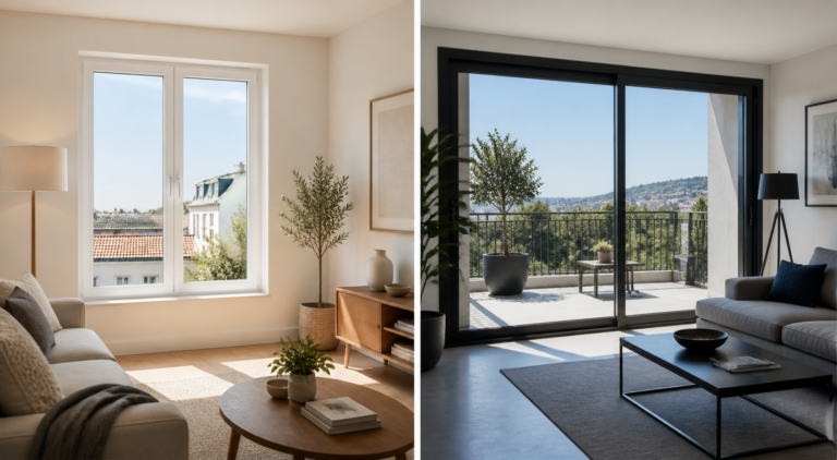 Comparação entre janela em PVC branco numa sala e janela de alumínio antracite noutra sala